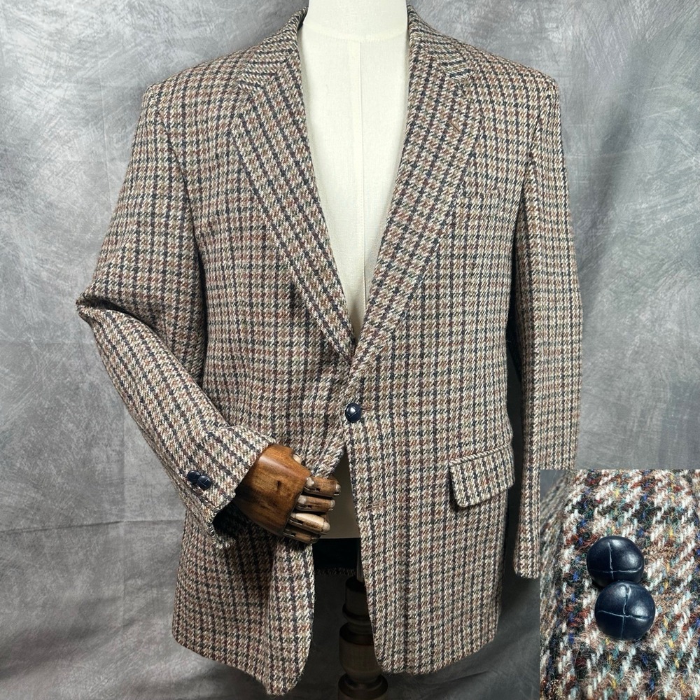 VTG Harris Tweed Men's 100% Wool Blazer Brown Blue Plaid Check Great Britain 42R